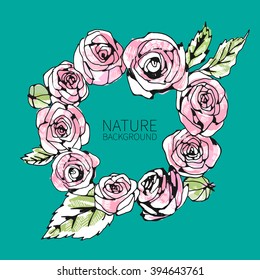 Pink Rose vector background. Seamless pattern. Nature painting. Hand drawn flower background.