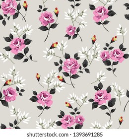 pink rose vector flowers pattern on grey background