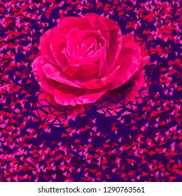 Pink rose wallpaper background wedding. Magenta flower on blue background. Geometric rose pattern.   Magenta lower polygonal crystal style illustration. Vector illustration