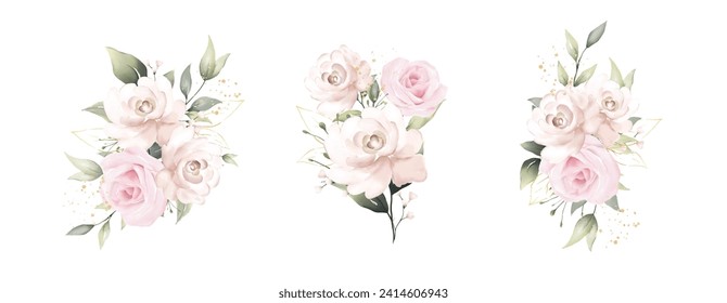 Pink rose watercolor vector set beautiful floral bouquet with gold texture