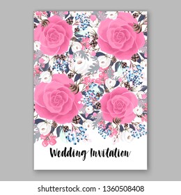 Pink Rose wedding invitation card template peony ranunculus vector background for baby shower bridal shower invitation Winter floral pattern