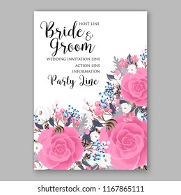 Pink Rose Wedding Invitation, invite card Design  watercolor pink, peach rose ranunculus flower privet blue berry,eucalyptus, autumn fall leaf bouquet, frame border Vector floral garden template