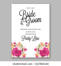 Pink Rose Wedding Invitation, invite card Design  watercolor pink, peach rose ranunculus flower privet blue berry,eucalyptus, autumn fall leaf bouquet, frame border Vector floral garden template
