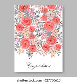 Pink rose wedding invitation vector template