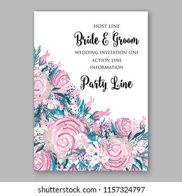 Pink Rose wedding invitation watercolor vector illustration template card