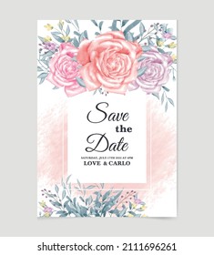 Pink Rose wedding invitation watercolor rose floral vector background template
