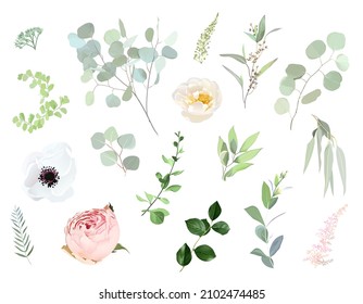 Pink rose, white anemone, spring yellow garden flower, mint eucalyptus, greenery, blush astilbe, salal vector design set. Wedding summer collection.Watercolor style. Elements are isolated and editable