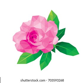 Pink rose white background isolated, magenta flora plant geometric green leaves. Floral lush fresh leaf branches. Purple flower polygonal crystal style illustration.