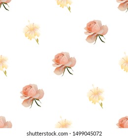 Pink Rose. Yellow hibiscus. Vector illustration. Seamless background pattern. Floral botanical flower. Wild leaf wildflower isolated. Exotic tropical hawaiian jungle. Fabric wallpaper print texture.