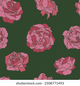 Rosas rosadas dispuestas en un patrón sin fisuras sobre un fondo verde oscuro, Ilustración vectorial adecuada para textiles y decoración.