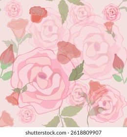 Pink roses blooming alternately with red roses with green buds and leaves on a light pink background.
