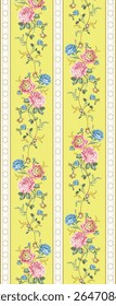 Las rosas rosadas y las flores azules se repiten simétricamente a lo largo de cada raya, agregando ritmo y elegancia al patrón.