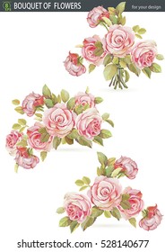 Pink roses bouquet isolated on white background. Watercolor Flowers and leaves can be used as greeting card. Beautiful Realistic vector elements, eps8
