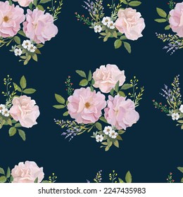 Pink roses bouquet on blue background seamless pattern,vector illustration