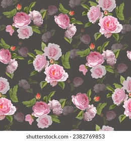 Pink Roses bouquet seamless pattern on grey background 