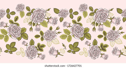 Pink Roses Bouquet Vector Seamless Horizontal Border