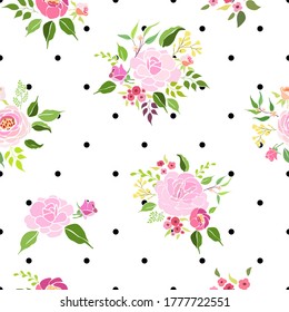 Pink roses bouquets flat vector illustration, with black polka dots blackground.