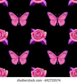 Pink roses and butterflies embroidery seamless pattern on black background. Fashion textile print.