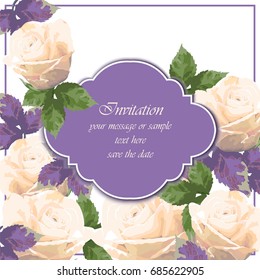Pink roses card Vector. delicate summer card. Springtime fresh natural composition