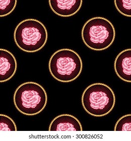 Pink roses in circle of ropes.Seamless pattern.Black background.