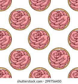 Pink roses in circle of ropes.Seamless pattern.White background.