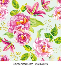 Pink roses and clematis with green leaves on the light green background. Watercolor seamless pattern with summer flowers. 