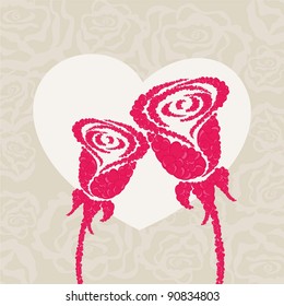 Pink roses with copy space in heart shape on seamless roses background for valentines Day.