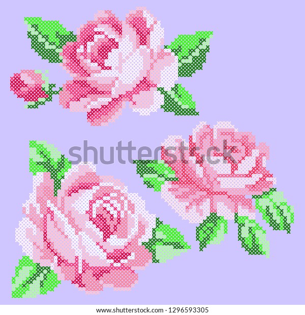 Pink Roses Cross Stitch Stock Vector (Royalty Free) 1296593305