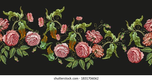 Pink roses embroidery horizontal seamless pattern. Fashionable template for design of clothes, t-shirt design, tapestry flowers renaissance style vector