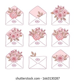 Pink roses in envelope. Hand drawn elements for birthday, Mother's Day, March 8, wedding, Valentine's Day.  Vector illustration.