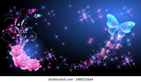 Pink roses with floral ornament and flying butterfly with sparkle and blazing trail and glowing stars