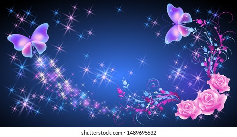 Pink roses with floral ornament and flying butterfly with sparkle and blazing trail and glowing stars