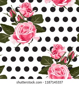 Pink roses floral seamless pattern texture. Bright flowers with green leaves on white black dot background. 