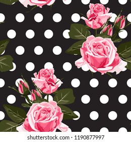 Pink roses floral seamless pattern texture. Bright flowers with green leaves on black white dot background. 