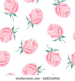 Pink roses. Floral seamless pattern isolated on white background. Wrapping paper, wallpaper, fabric, textile, print design. Flowers. Stock illustration.