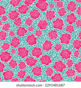 Pink Roses flower seamless pattern on mint green background.