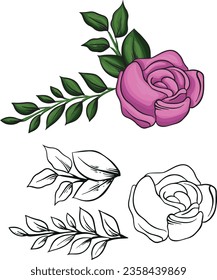 Pink roses flowers and black and white sketch, tropical leaves vector wedding bouquet, green leaves. Spring bouquet. Isolated and editable element