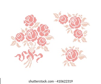 Pink roses. Flowers. Bouquet. Cross stitch. Embroidery. Vector.