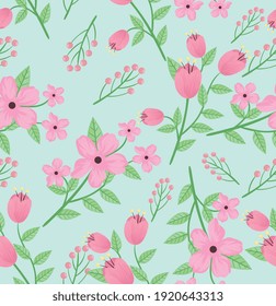 pink roses flowers and leafs spring pattern vector illustration design