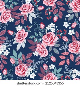 Pink Roses and flowers seamless pattern