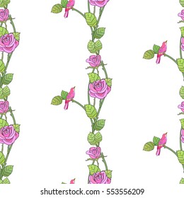 Pink roses flowers seamless pattern with birds.