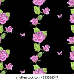 Pink roses flowers seamless pattern with butterfly on black background