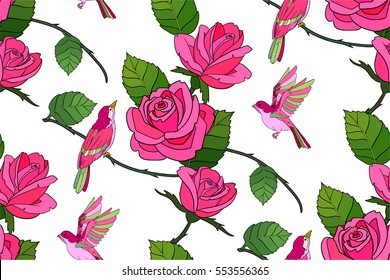 Pink roses flowers seamless pattern with birds and green leaves on white background.