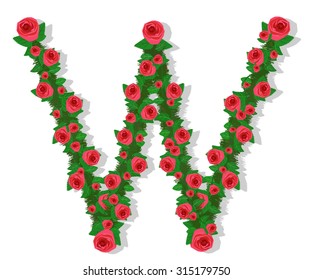 Pink Roses font letter W, Isolated on white background.vector illustration