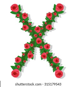 Pink Roses font letter X, Isolated on white background.vector illustration