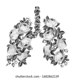 Pink roses in form of human lungs as symbol of health. Coronavirus can reduce lung function. Vector illustration.