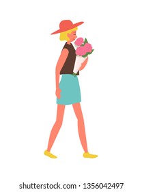 Pink roses given to woman vector, isolated girl wearing stylish clothes on international womens day. Female walking with flowers in paper wrapping