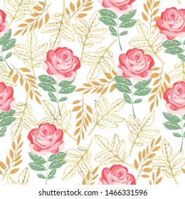 Pink roses gold leaves repeat pattern