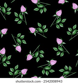 Pink roses with green leaves, black background. Seamless floral pattern-481.