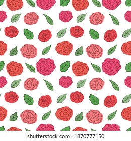 Pink roses with green leaves.Seamless repeating pattern. hand drawn. Color painted image with outline.